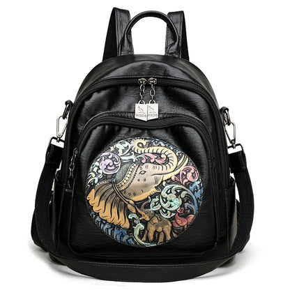 2024 Women New Animal Embroidery Soft Leather Backpack High Quality Multi functional Bag School Student Large Capacity Book Bags