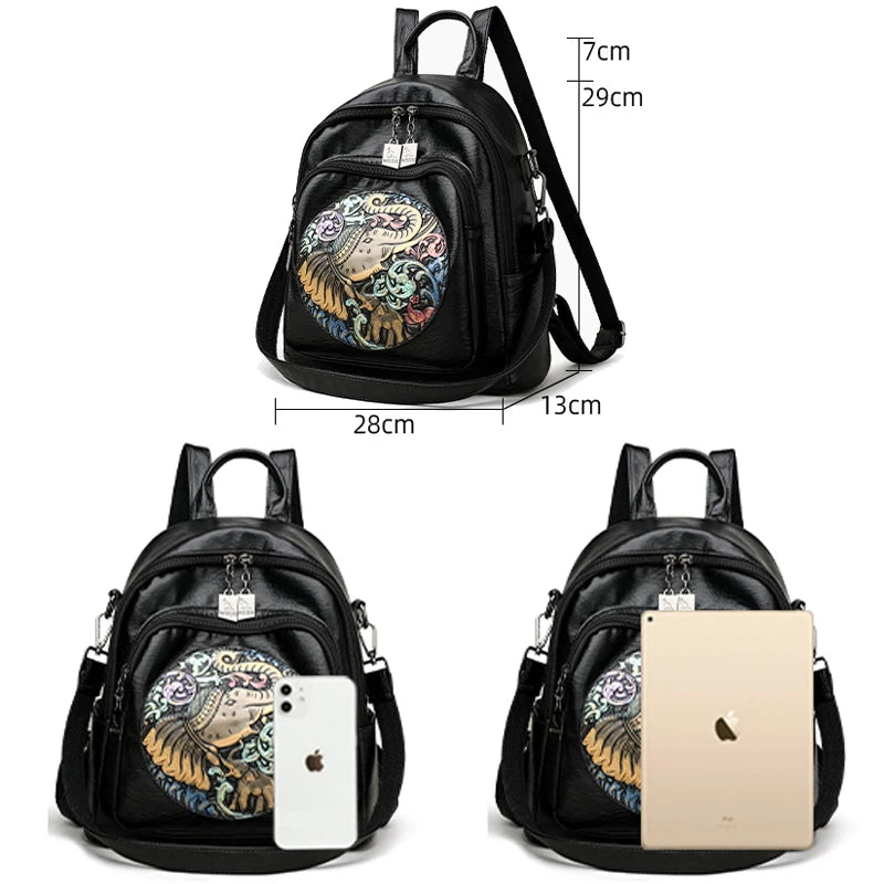 2024 Women New Animal Embroidery Soft Leather Backpack High Quality Multi functional Bag School Student Large Capacity Book Bags