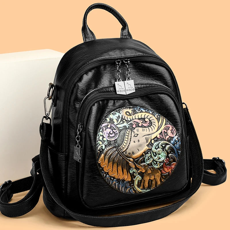 2024 Women New Animal Embroidery Soft Leather Backpack High Quality Multi functional Bag School Student Large Capacity Book Bags