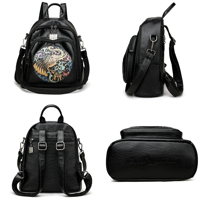 2024 Women New Animal Embroidery Soft Leather Backpack High Quality Multi functional Bag School Student Large Capacity Book Bags