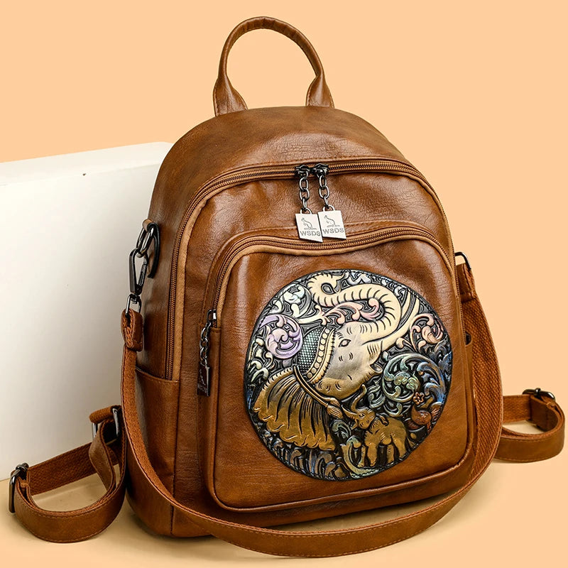 2024 Women New Animal Embroidery Soft Leather Backpack High Quality Multi functional Bag School Student Large Capacity Book Bags