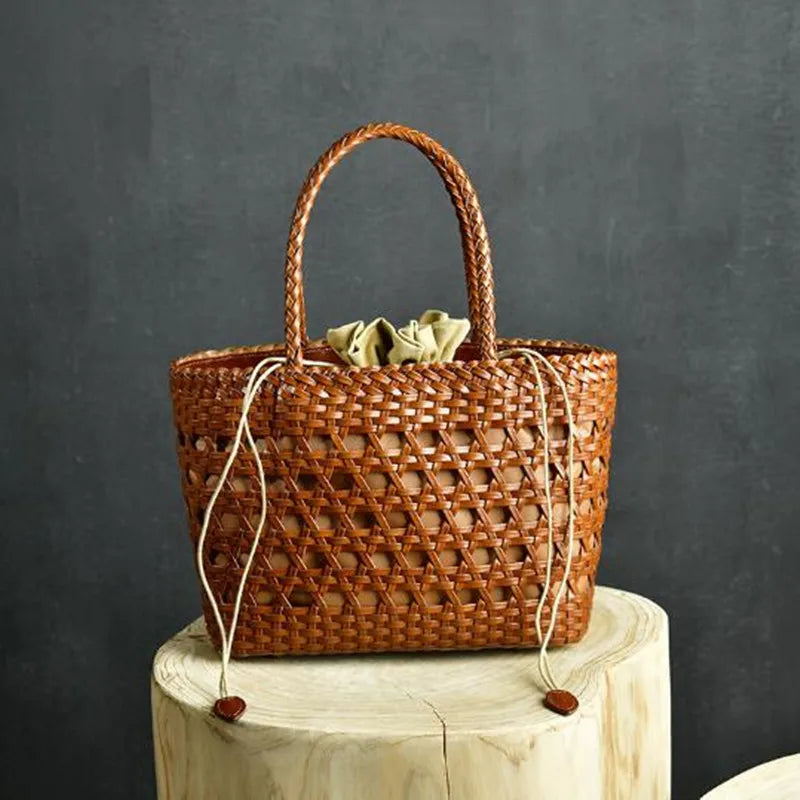 2024 Women's Genuine Leather Woven Shoulder Bag with Inner Bag Weaving Casual Shopping Bag Vintage Tote Purse