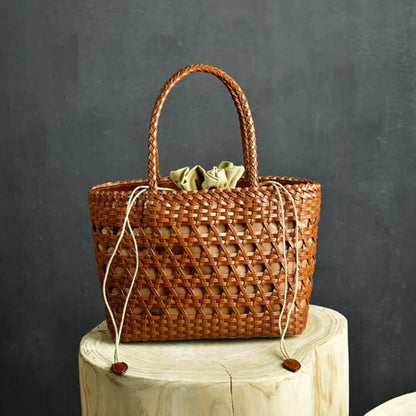 2024 Women's Genuine Leather Woven Shoulder Bag with Inner Bag Weaving Casual Shopping Bag Vintage Tote Purse