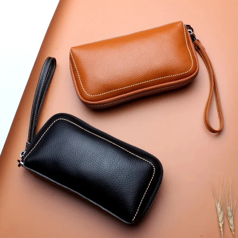 2024 Women's Hand-Held Mobile Phone First Layer Cowhide Cosmetic Bag New European And American Long Large-Capacity Wallet