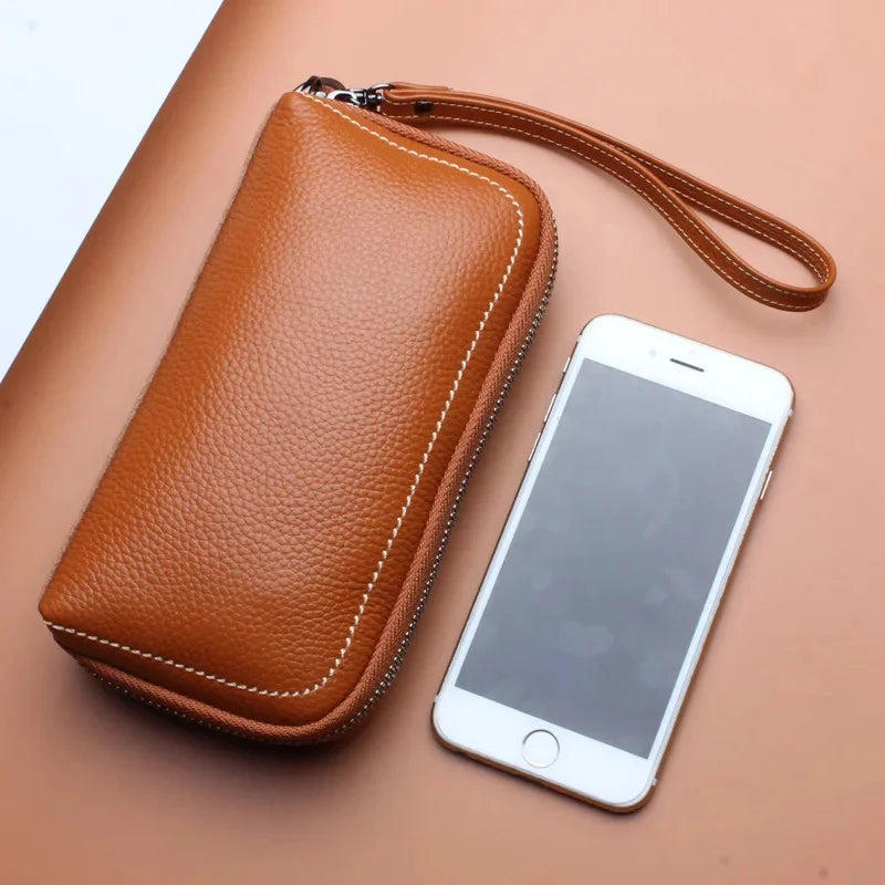 2024 Women's Hand-Held Mobile Phone First Layer Cowhide Cosmetic Bag New European And American Long Large-Capacity Wallet