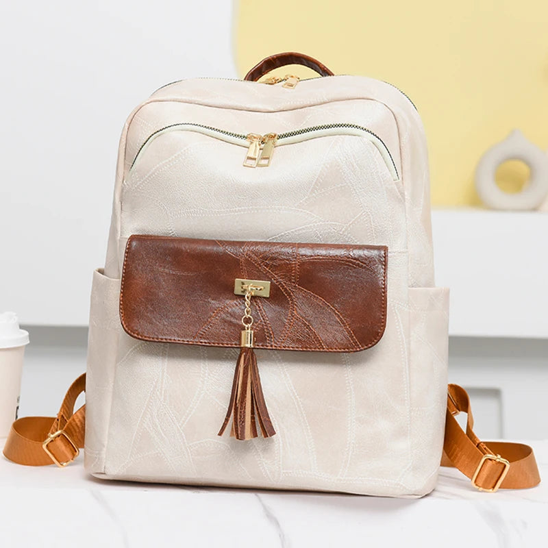 2024 Women's PU Leather Backpacks School Bag Classic Tassels Travel Multi Function High Capacity Shoulder Bags Rucksack Sac