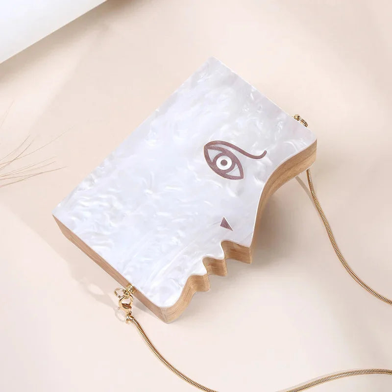 2024 Wood Personality Splicing White Acrylic Retro Unique Half Face Hard Box Evening Bag Ridesmaid Handbag Luxury Clutch Purses