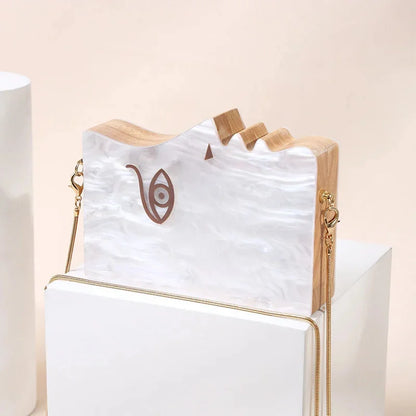 2024 Wood Personality Splicing White Acrylic Retro Unique Half Face Hard Box Evening Bag Ridesmaid Handbag Luxury Clutch Purses
