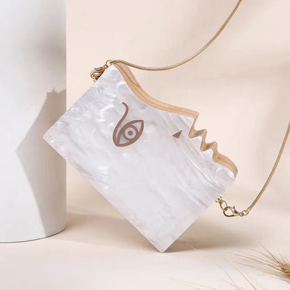2024 Wood Personality Splicing White Acrylic Retro Unique Half Face Hard Box Evening Bag Ridesmaid Handbag Luxury Clutch Purses
