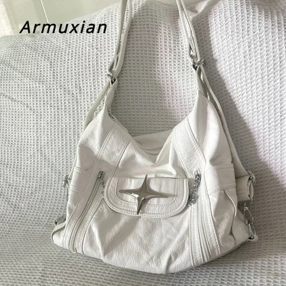 2024 new Y2k Large Capacity Shoulder Bag White Pu Leather Cross Handbag American Style Punk Goth Fashion Simple Designer Handbag