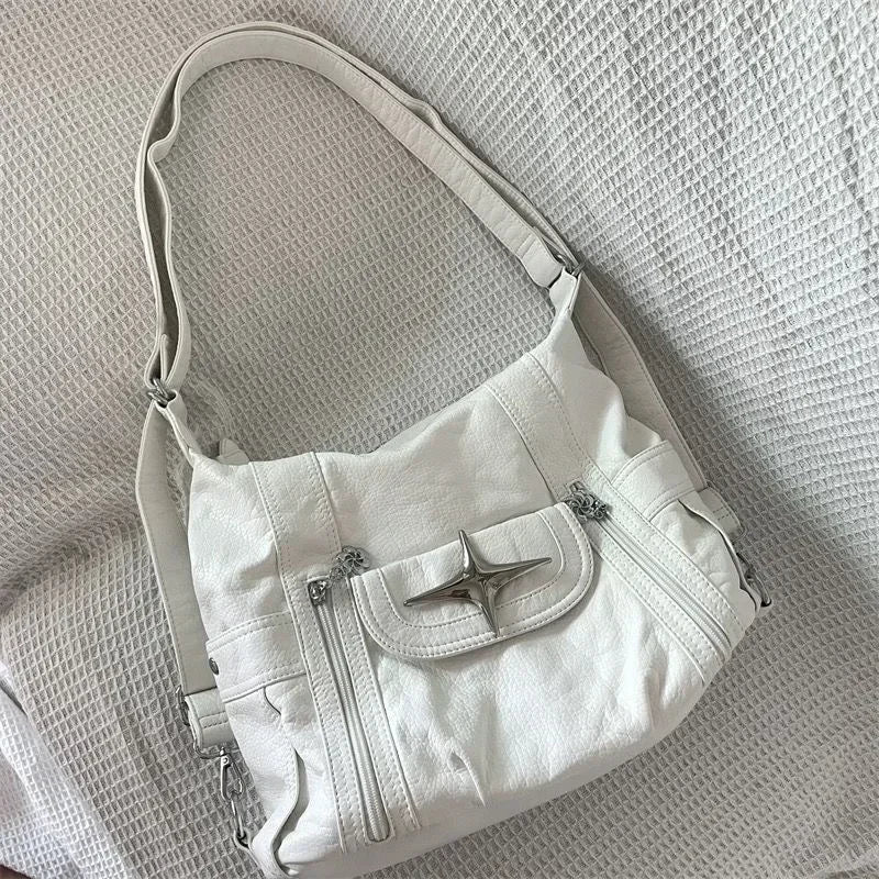2024 new Y2k Large Capacity Shoulder Bag White Pu Leather Cross Handbag American Style Punk Goth Fashion Simple Designer Handbag