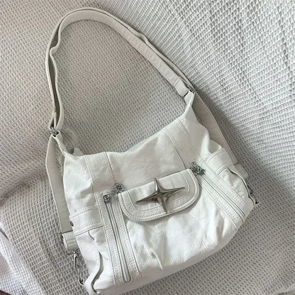 2024 new Y2k Large Capacity Shoulder Bag White Pu Leather Cross Handbag American Style Punk Goth Fashion Simple Designer Handbag
