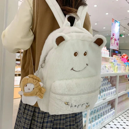 2024Women's Shoulders New Furry Warm Female Cute Middle School Bag Embroidery Plush Backpack Tide Large Capacity