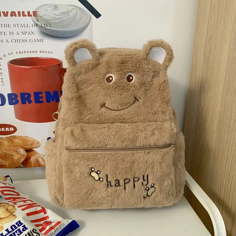2024Women's Shoulders New Furry Warm Female Cute Middle School Bag Embroidery Plush Backpack Tide Large Capacity