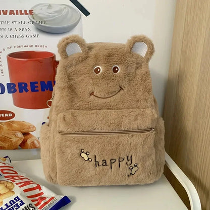 2024Women's Shoulders New Furry Warm Female Cute Middle School Bag Embroidery Plush Backpack Tide Large Capacity