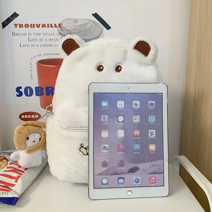 2024Women's Shoulders New Furry Warm Female Cute Middle School Bag Embroidery Plush Backpack Tide Large Capacity