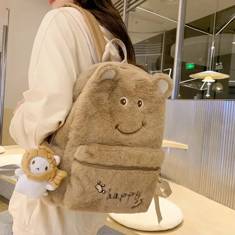 2024Women's Shoulders New Furry Warm Female Cute Middle School Bag Embroidery Plush Backpack Tide Large Capacity