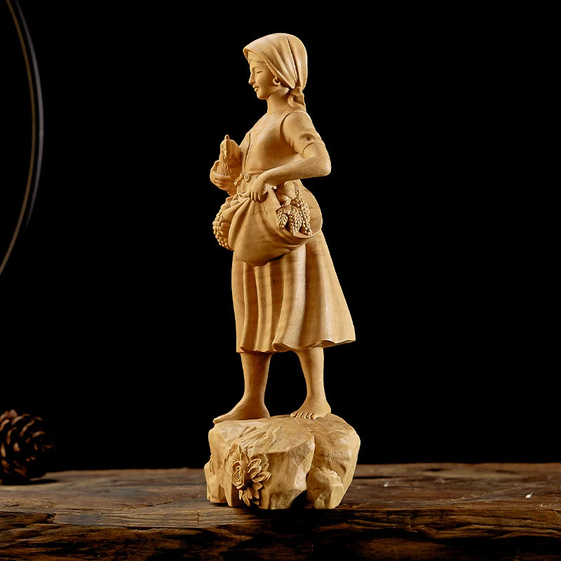 20CM Beauty Boxwood Sculpture Girl Full Load Living Room Decoration Solid Wood Statue Home Decor