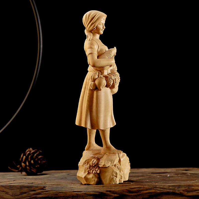 20CM Beauty Boxwood Sculpture Girl Full Load Living Room Decoration Solid Wood Statue Home Decor