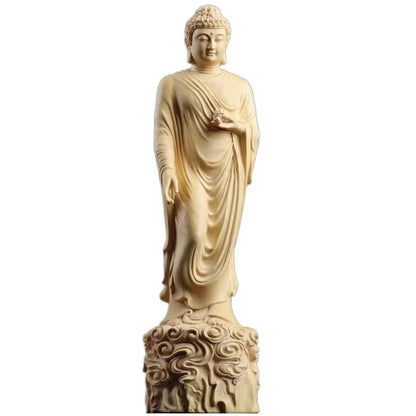 20CM Boxwood Amitabha Buddha Sculpture Wood Carving Sakyamuni Statue Worship Living Room Home Decor