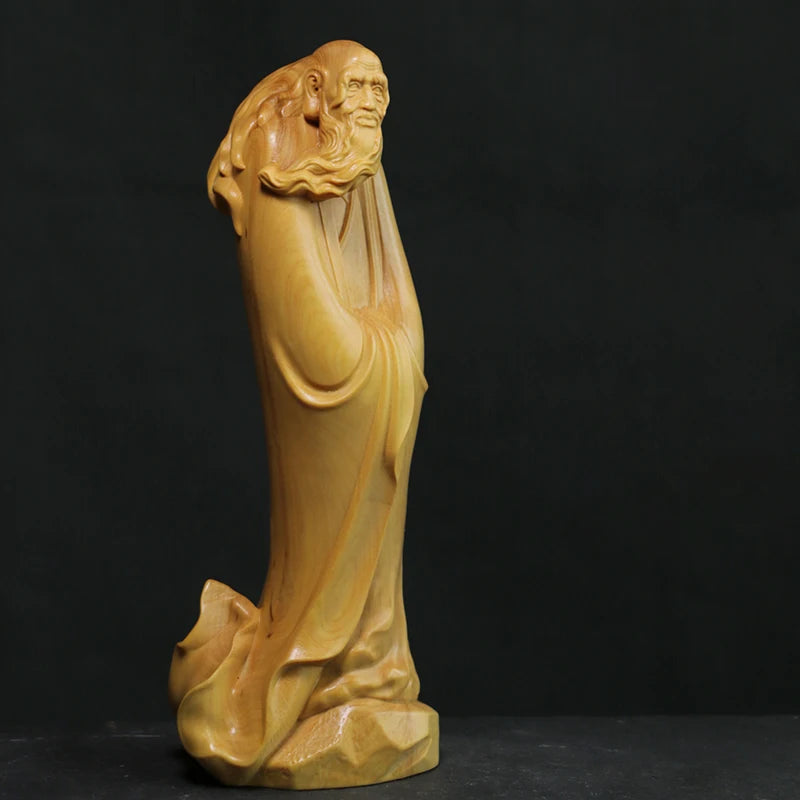 20CM Boxwood Carving Home Living Room Decoration Feng Shui Wood Statue Craft Gift Collection Taoist Saint Lao Tzu Sculpture
