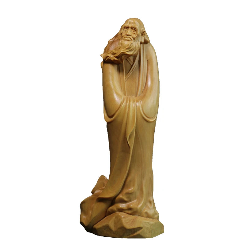 20CM Boxwood Carving Home Living Room Decoration Feng Shui Wood Statue Craft Gift Collection Taoist Saint Lao Tzu Sculpture