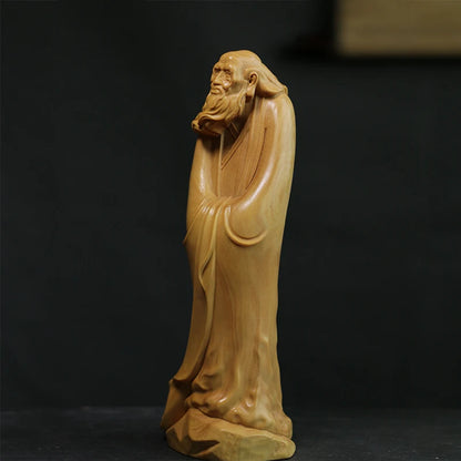 20CM Boxwood Carving Home Living Room Decoration Feng Shui Wood Statue Craft Gift Collection Taoist Saint Lao Tzu Sculpture