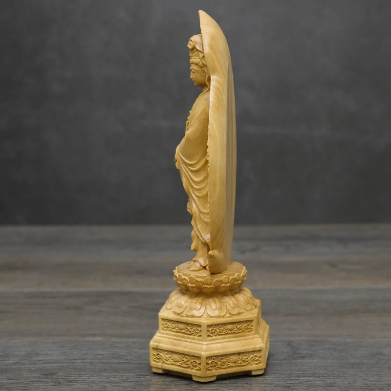 20CM Boxwood Guanyin Lotus Handheld Rosary Guanyin Bodhisattva Sculpture Home Worship Buddha Statue Home Decor