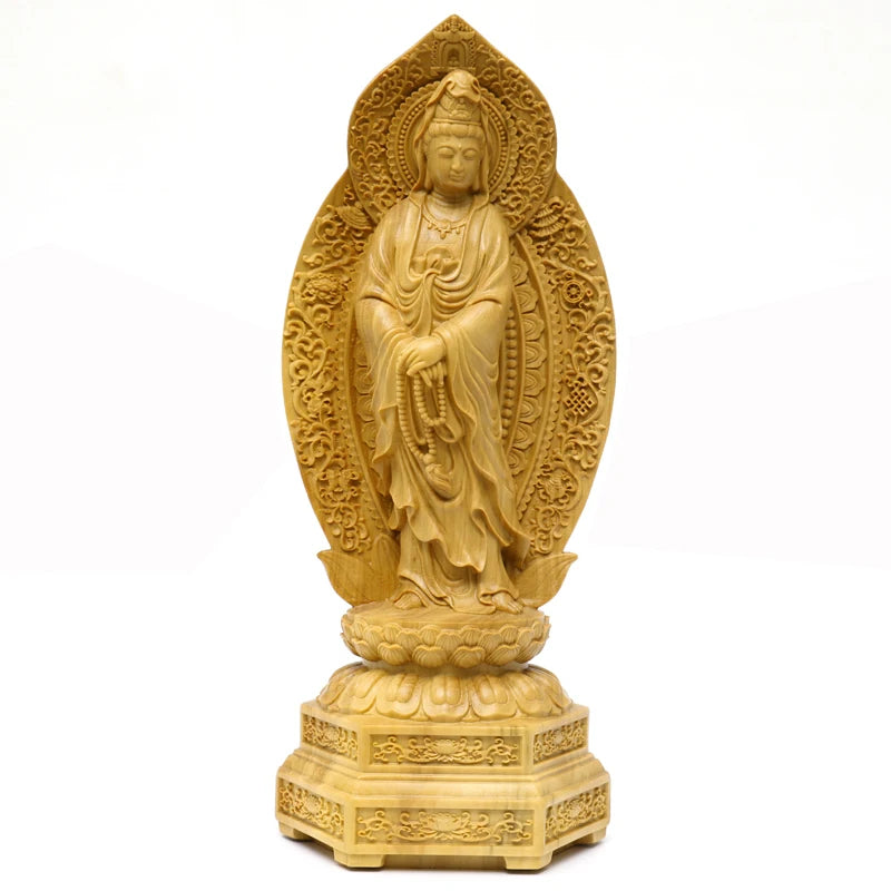 20CM Boxwood Guanyin Lotus Handheld Rosary Guanyin Bodhisattva Sculpture Home Worship Buddha Statue Home Decor