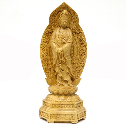 20CM Boxwood Guanyin Lotus Handheld Rosary Guanyin Bodhisattva Sculpture Home Worship Buddha Statue Home Decor