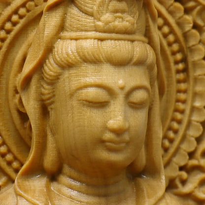 20CM Boxwood Guanyin Lotus Handheld Rosary Guanyin Bodhisattva Sculpture Home Worship Buddha Statue Home Decor