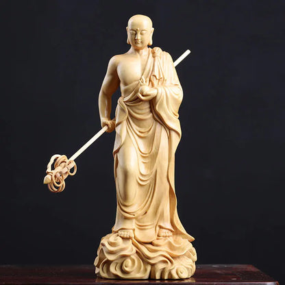 20CM Boxwood Ksitigarbha Sculpture Wood Buddha Statue Dizang Wang Bodhisattva Worship Home Decor Crafts