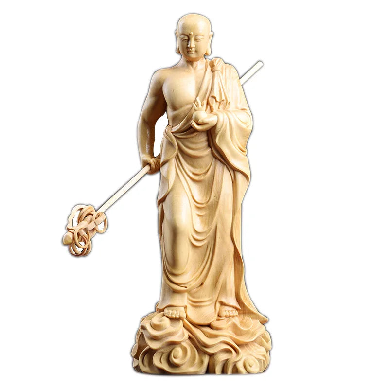 20CM Boxwood Ksitigarbha Sculpture Wood Buddha Statue Dizang Wang Bodhisattva Worship Home Decor Crafts