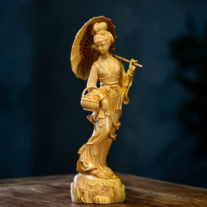 20CM Classic Beauty Figure, Hand Carved Wood, Carved Solid Wood Statues, Jiangnan, Modern Chinese Style, Dec