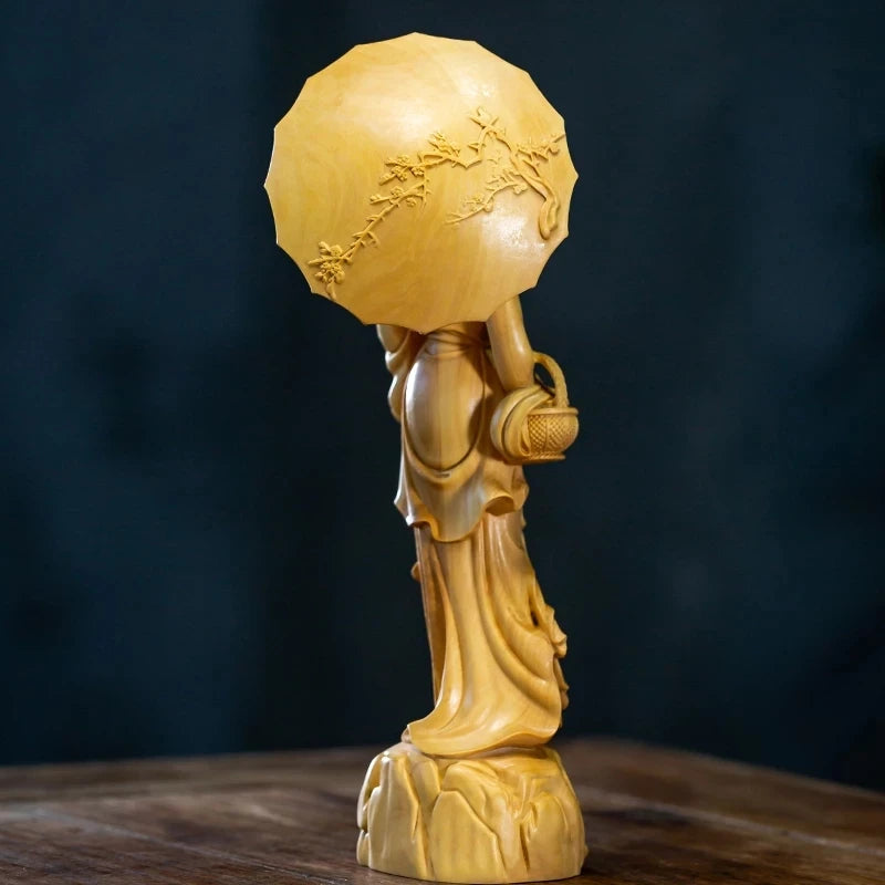 20CM Classic Beauty Figure, Hand Carved Wood, Carved Solid Wood Statues, Jiangnan, Modern Chinese Style, Dec