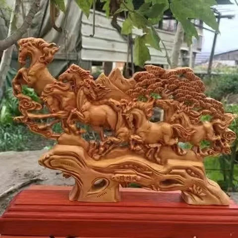 20CM Cypress Wooden Eight Horses Statue Wood Animal Figurines Home Decor Gifts Decors