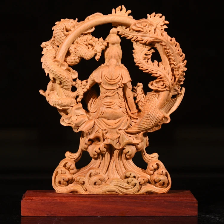 20CM Dragon Phoenix Goddess of Mercy Guanyin buddha statue Wood Double Sided Hollow handmade Home decor Gift boat decoration