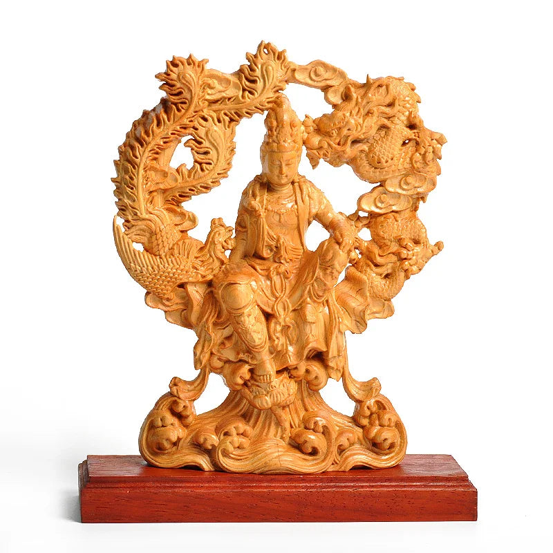 20CM Dragon Phoenix Goddess of Mercy Guanyin buddha statue Wood Double Sided Hollow handmade Home decor Gift boat decoration