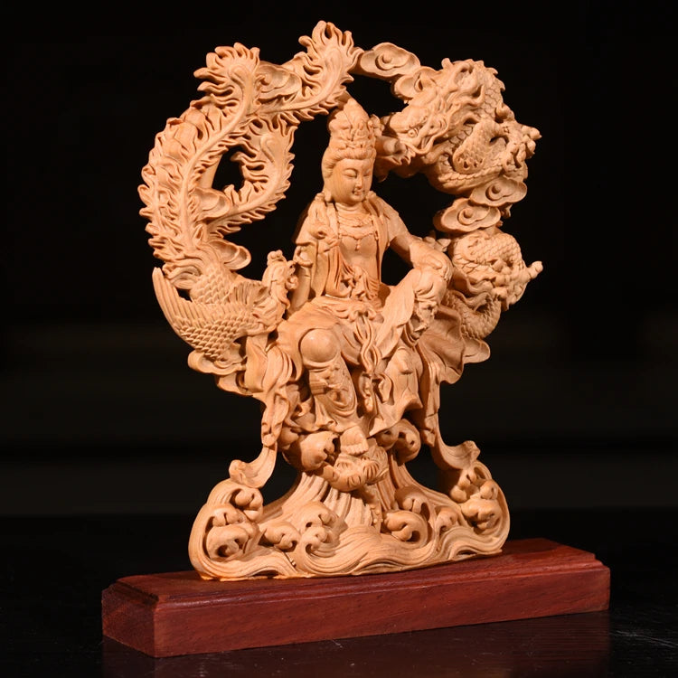 20CM Dragon Phoenix Goddess of Mercy Guanyin buddha statue Wood Double Sided Hollow handmade Home decor Gift boat decoration