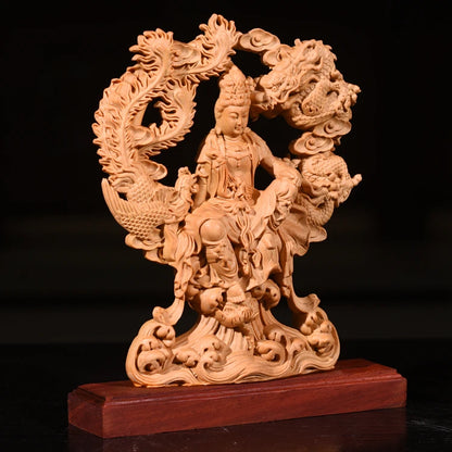 20CM Dragon Phoenix Goddess of Mercy Guanyin buddha statue Wood Double Sided Hollow handmade Home decor Gift boat decoration