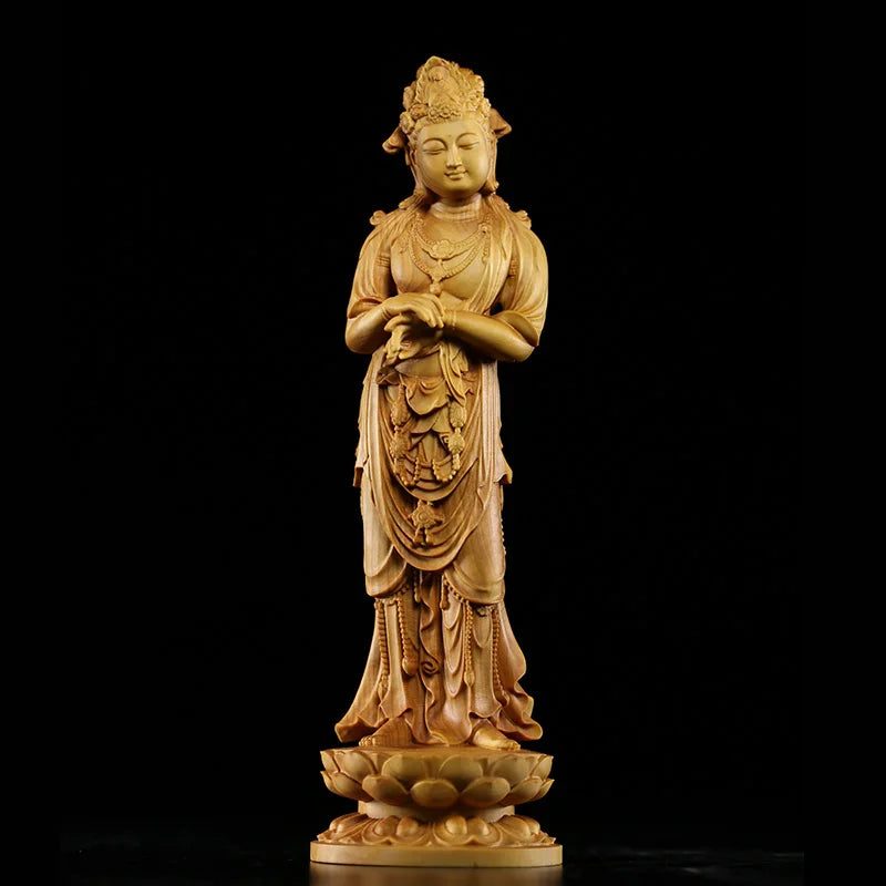 20CM Guanyin Bodhisattva Statue Traditional Craft Huangyang Wood Carving Craft Boutique BoguTang Dynasty Style Buddha Decoration