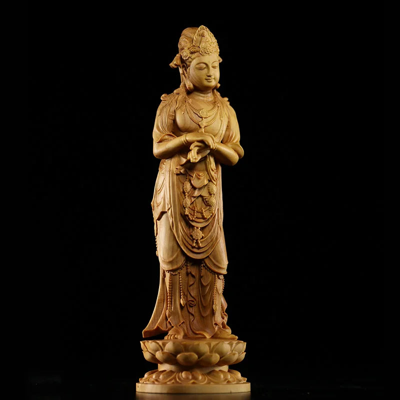 20CM Guanyin Bodhisattva Statue Traditional Craft Huangyang Wood Carving Craft Boutique BoguTang Dynasty Style Buddha Decoration