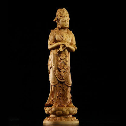 20CM Guanyin Bodhisattva Statue Traditional Craft Huangyang Wood Carving Craft Boutique BoguTang Dynasty Style Buddha Decoration