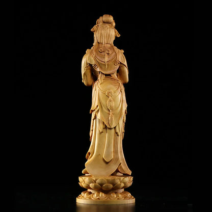 20CM Guanyin Bodhisattva Statue Traditional Craft Huangyang Wood Carving Craft Boutique BoguTang Dynasty Style Buddha Decoration