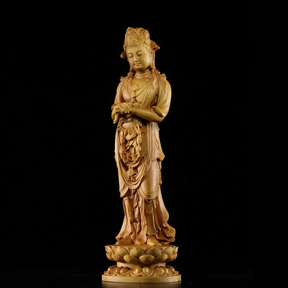 20CM Guanyin Bodhisattva Statue Traditional Craft Huangyang Wood Carving Craft Boutique BoguTang Dynasty Style Buddha Decoration