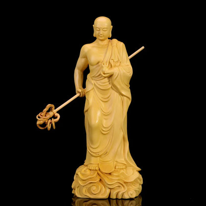 20CM Ksitigarbha Sculpture Boxwood Carvings House Ornaments Solid Wood Buddha Statue Crafts Dizang Wang Bodhisattva Home Decor