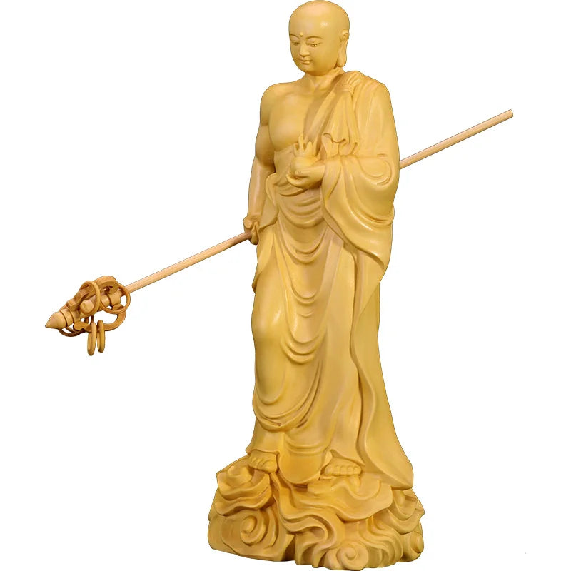 20CM Ksitigarbha Sculpture Boxwood Carvings House Ornaments Solid Wood Buddha Statue Crafts Dizang Wang Bodhisattva Home Decor