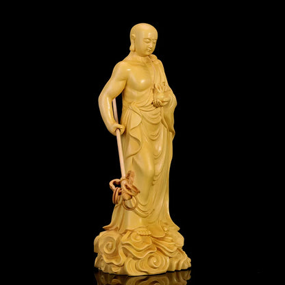 20CM Ksitigarbha Sculpture Boxwood Carvings House Ornaments Solid Wood Buddha Statue Crafts Dizang Wang Bodhisattva Home Decor