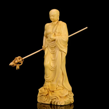 20CM Ksitigarbha Sculpture Boxwood Carvings House Ornaments Solid Wood Buddha Statue Crafts Dizang Wang Bodhisattva Home Decor