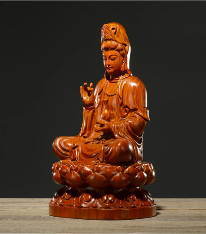 20CM TALL -Special Offer--HOME family protection # Handmade RED pear wood carving Lotus Guanyin PUSA GOOD Buddha statue